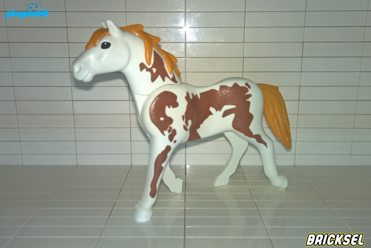 Плеймобил Лошадь племенная белая с коричневыми пятнами и темно-желтой гривой, Playmobil, не частая