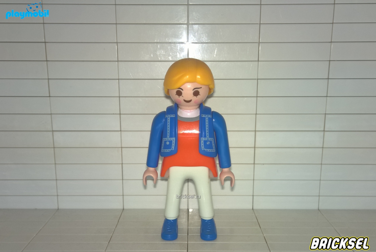 Плеймобил Блондинка в джинсовой куртке, оранжевой майке и белых брюках с синей обувью, Playmobil
