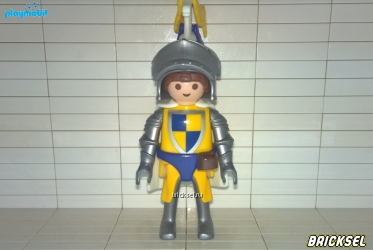 Рыцарь в шлеме с желто-синим плюмажем и тунике со щитом с желто-синими квадратами
