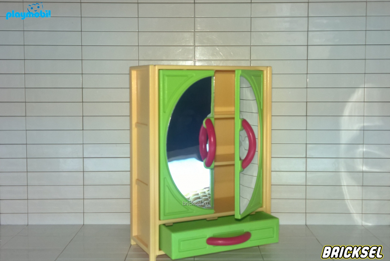 Плеймобил Шкаф двустворчатый светло-желтый с салатовыми дверцами и круглым зеркалом, Playmobil