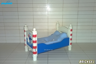 Плеймобил Кровать односпальная с голубым матрацом и белыми в красную полоску спинками синяя, Playmobil, редкая