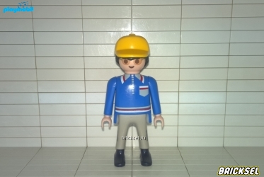 Плеймобил Мужчина в очках в синей рубашке с серым воротничком и карманом в желтой кепке и серых брюках, Playmobil