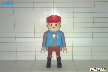 Плеймобил Мужчина с бородой в серой рубашке голубом жилете, коричневых брюках, красной кепке и черных сапогах, Playmobil