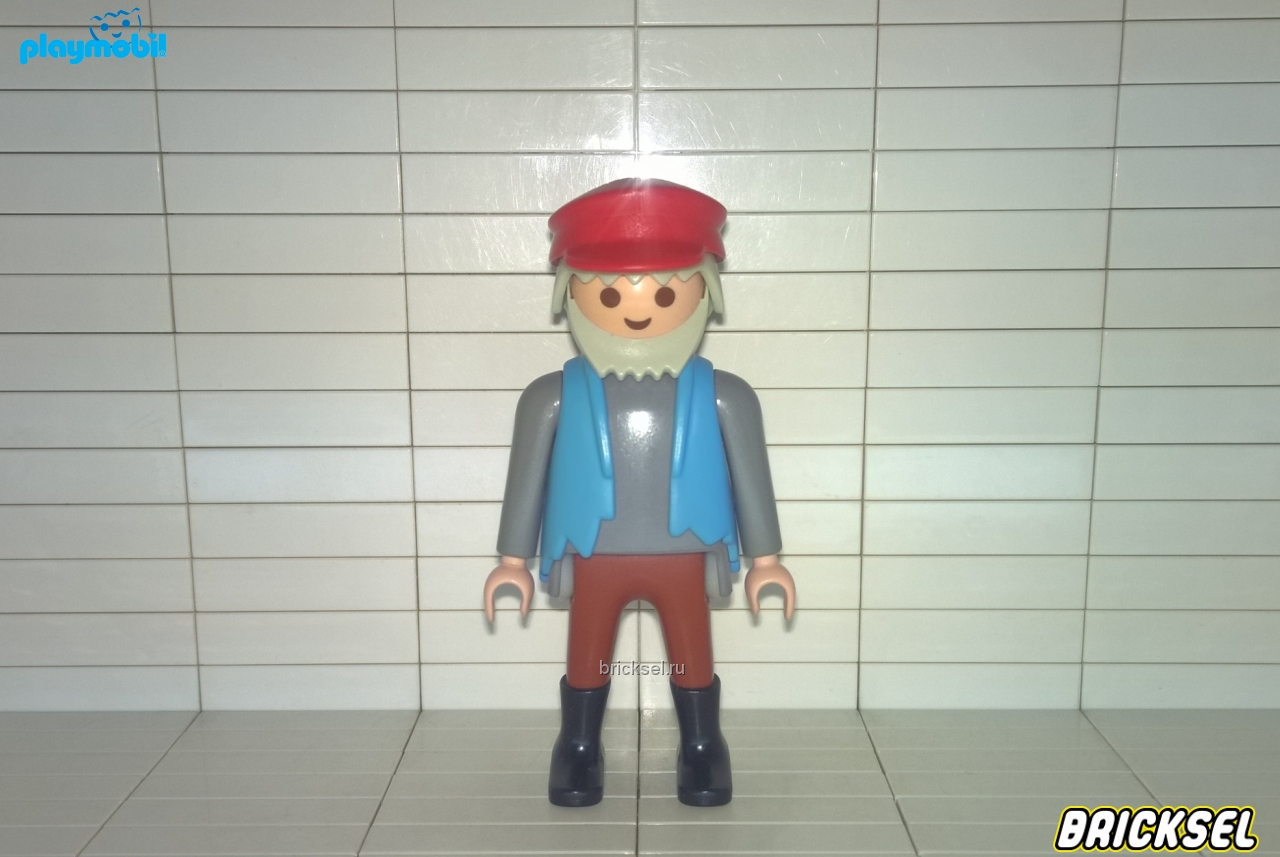 Плеймобил Мужчина с бородой в серой рубашке голубом жилете, коричневых брюках, красной кепке и черных сапогах, Playmobil