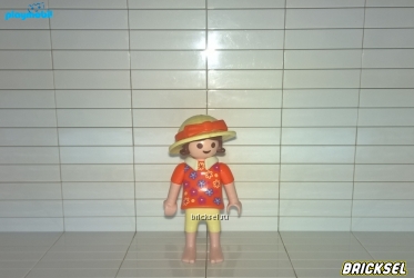 Плеймобил Девочка с пикника, босиком, в оранжевой футболке с цветочками и бежевой шляпке, Playmobil, не частая