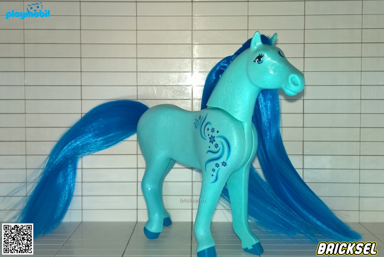 Плеймобил Лошадь с синей гривой и синим узором на плече голубая, Playmobil