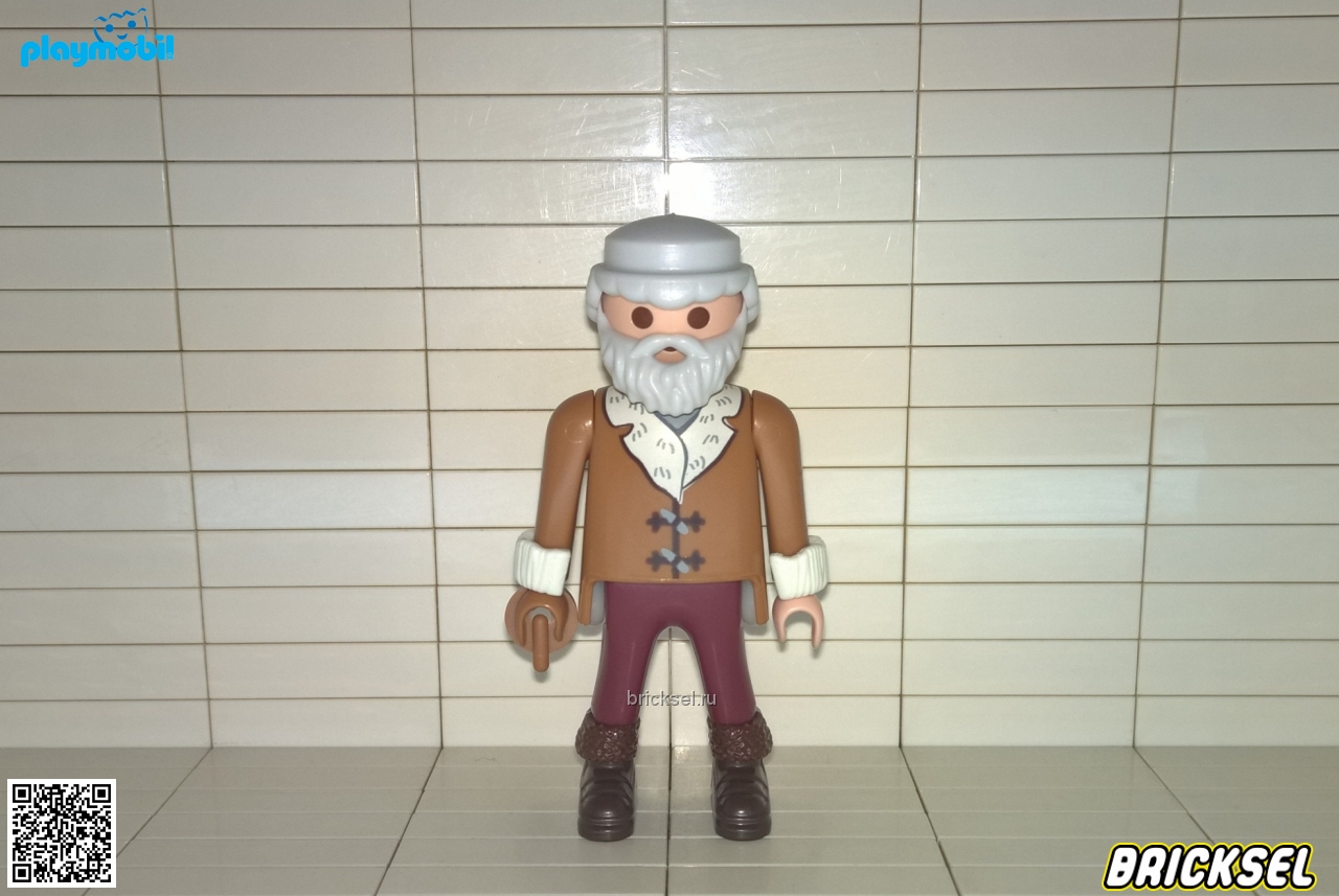 Плеймобил Дедушка седой с бородой в темно-красных брюках коричневых сапогах и коричневой куртке с белым воротником и манжетами, Playmobil