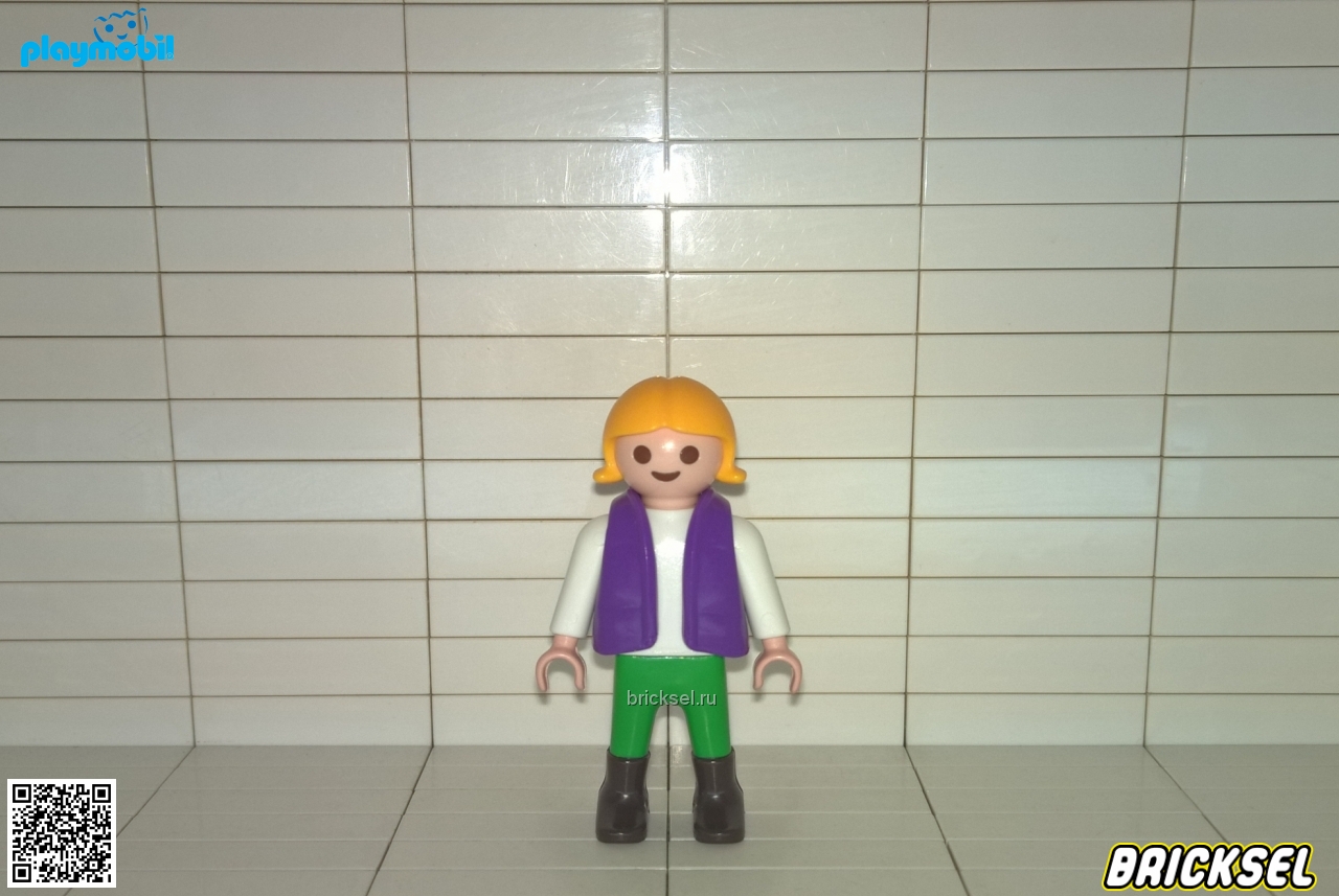Плеймобил Девочка блондинка в белой кофте, фиолетовой жилетке, зеленых брюках и черных ботинках, Playmobil