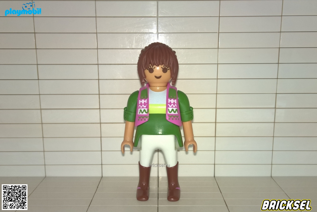 Плеймобил Женщина с короткими каштановыми волосами в оливково-зеленой кофте, зелено-розовой жилетке, белых брюках и коричневых сапогах, Playmobil