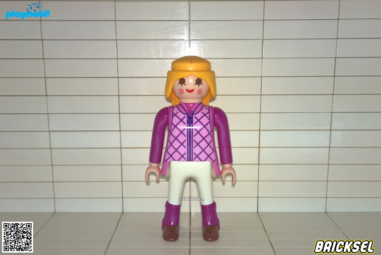 Плеймобил Женщина блондинка в розовой кофте в клетка у малиновыми рукавами, белых брюках и коричнево-малиновых сапогах, Playmobil