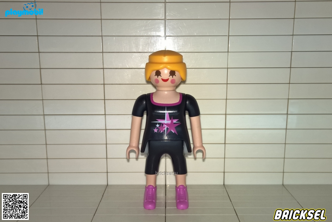 Плеймобил Блондинка в черных шортах и футболке на груди розовые сиреневые и белые звезды разного размера, Playmobil