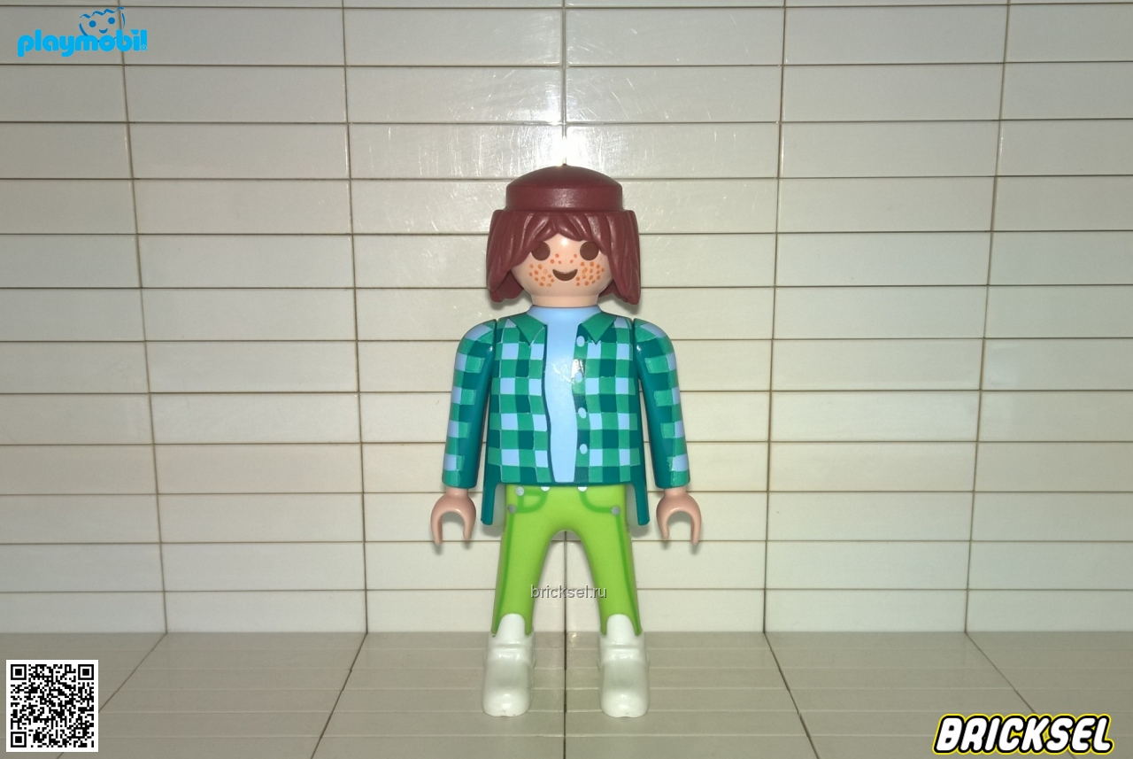 Плеймобил Мужчина с веснушками длинные волосы в салатовых брюках футболке и зеленой клетчатой рубашке голубой, Playmobil