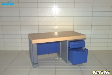 Стол офисный с бежевой столешницей и двумя синими ящиками серый