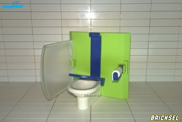 Плеймобил Кабинка туалета с салатовой стенкой с синей полосой и крышкой унитаза, на стене рулон бумаги сбоку матовая дверка, Playmobil