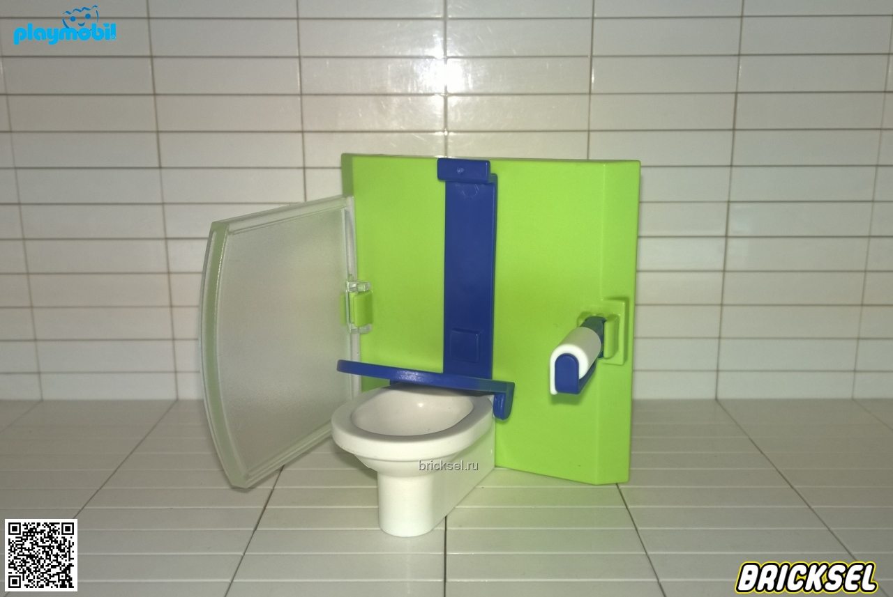 Плеймобил Кабинка туалета с салатовой стенкой с синей полосой и крышкой унитаза, на стене рулон бумаги сбоку матовая дверка, Playmobil