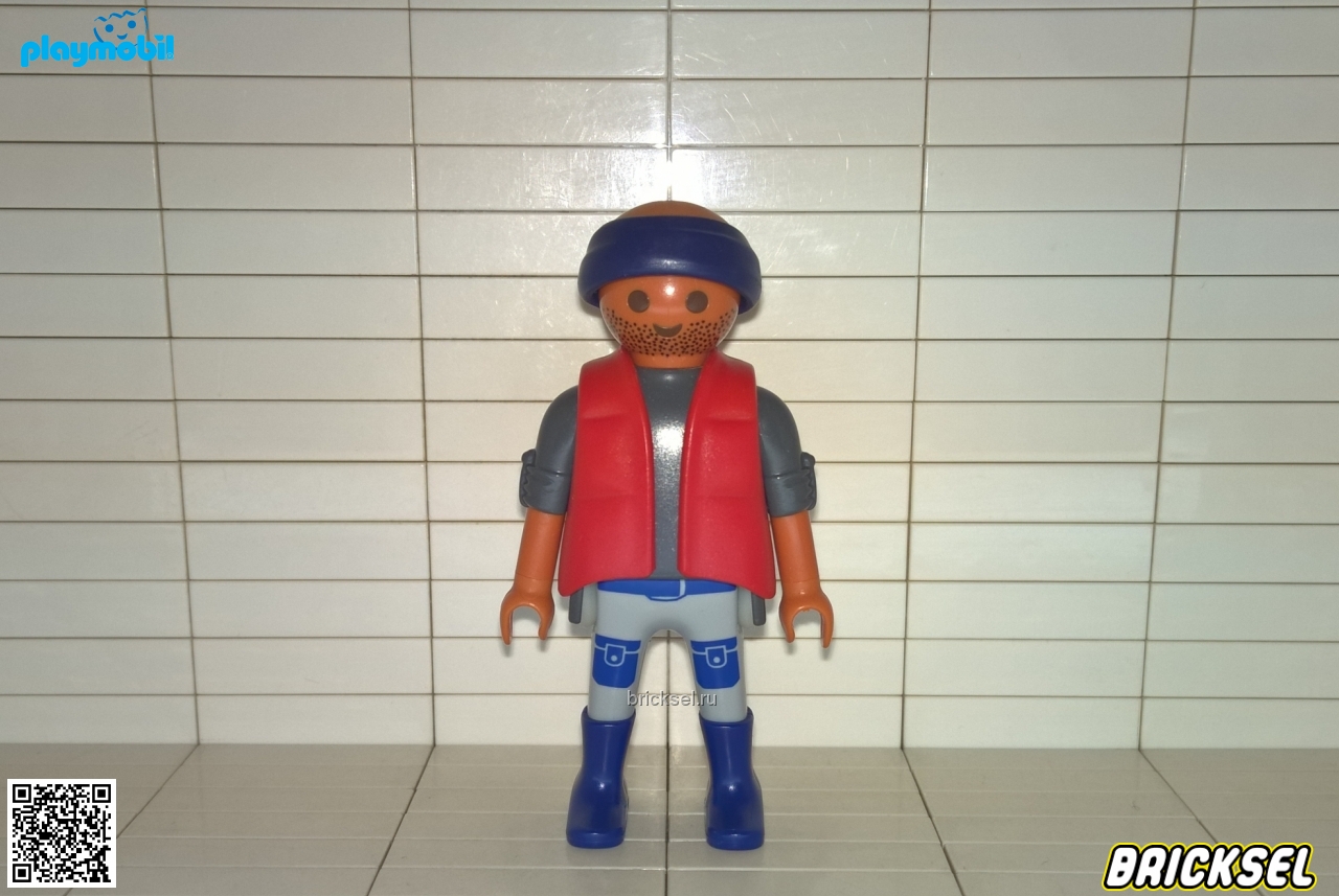 Плеймобил Браконьер в синих брюках с белыми полосками, сером свитере и красном жилете, Playmobil