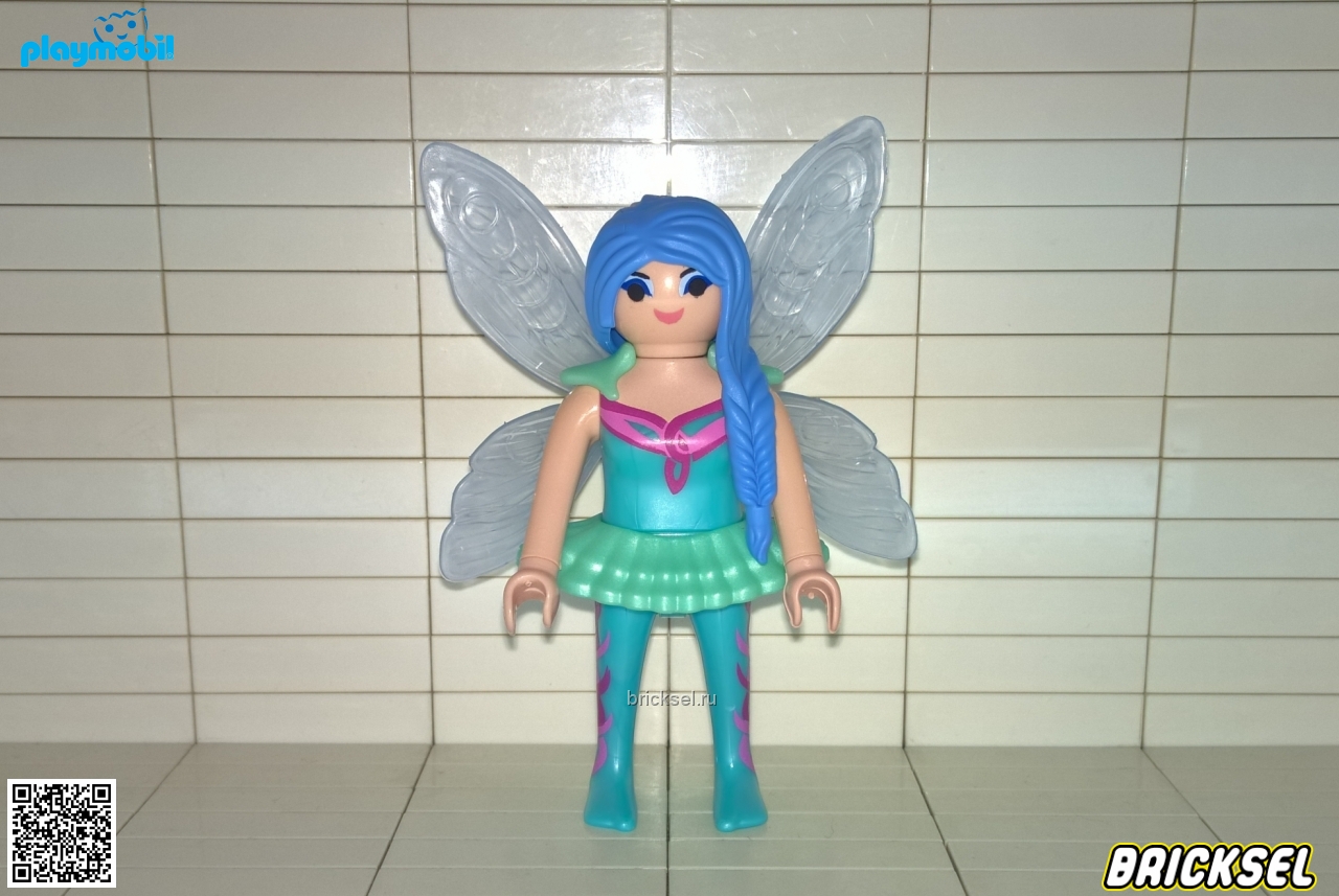Плеймобил Фея с темно-голубыми волосами с косой в бирюзовой одежде с голубой юбкой и серыми крыльями, Playmobil