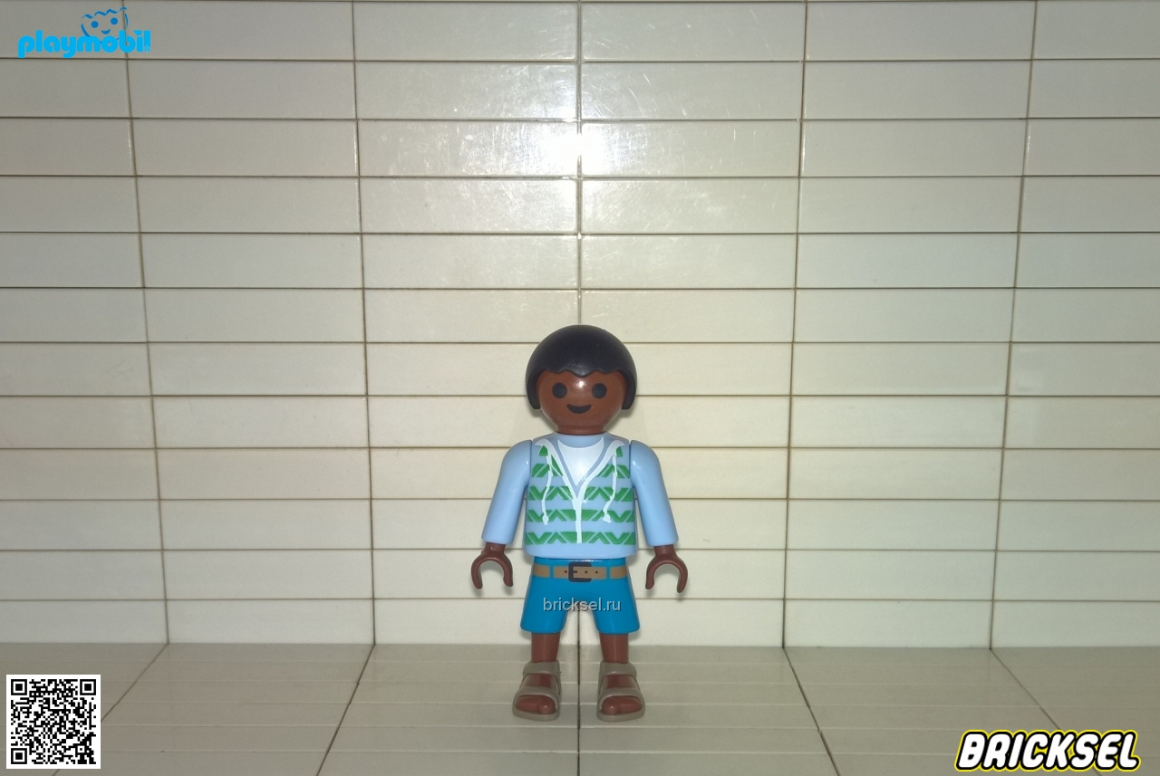 Плеймобил Мальчик чернокожий в бирюзовых шортах и с зелеными узорами кофте голубой, Playmobil